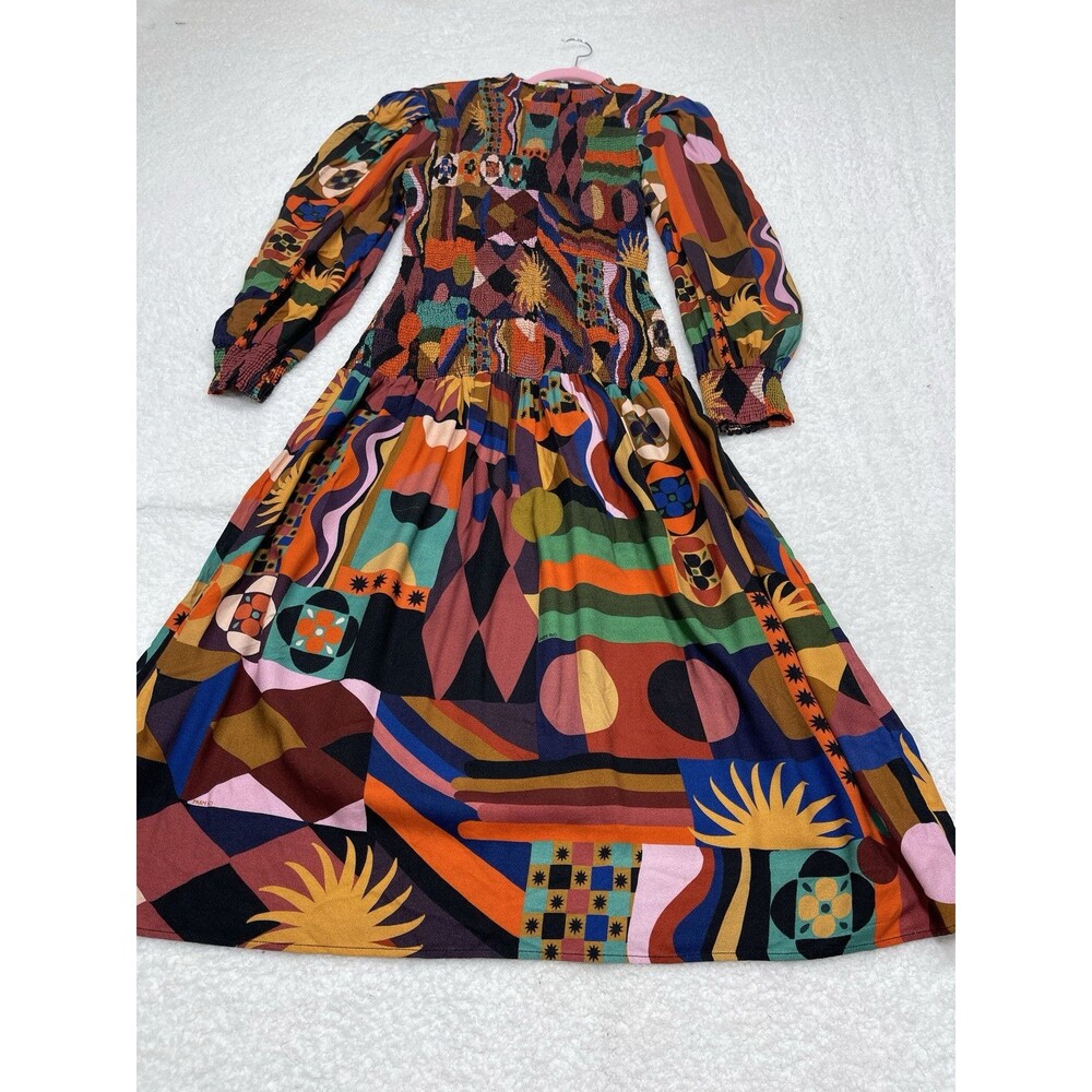 Farm Rio Midi Dress Tropical Shapes Orange Smock Preppy Boho Vacay Retro Medium - Picture 2 of 13